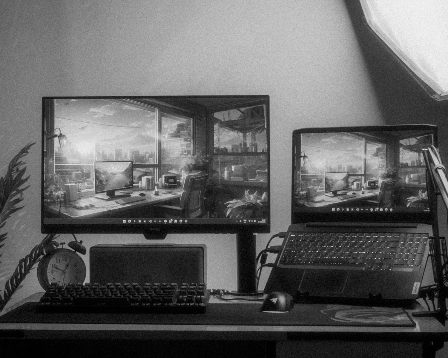 A modern desk setup with two screens and equipment.