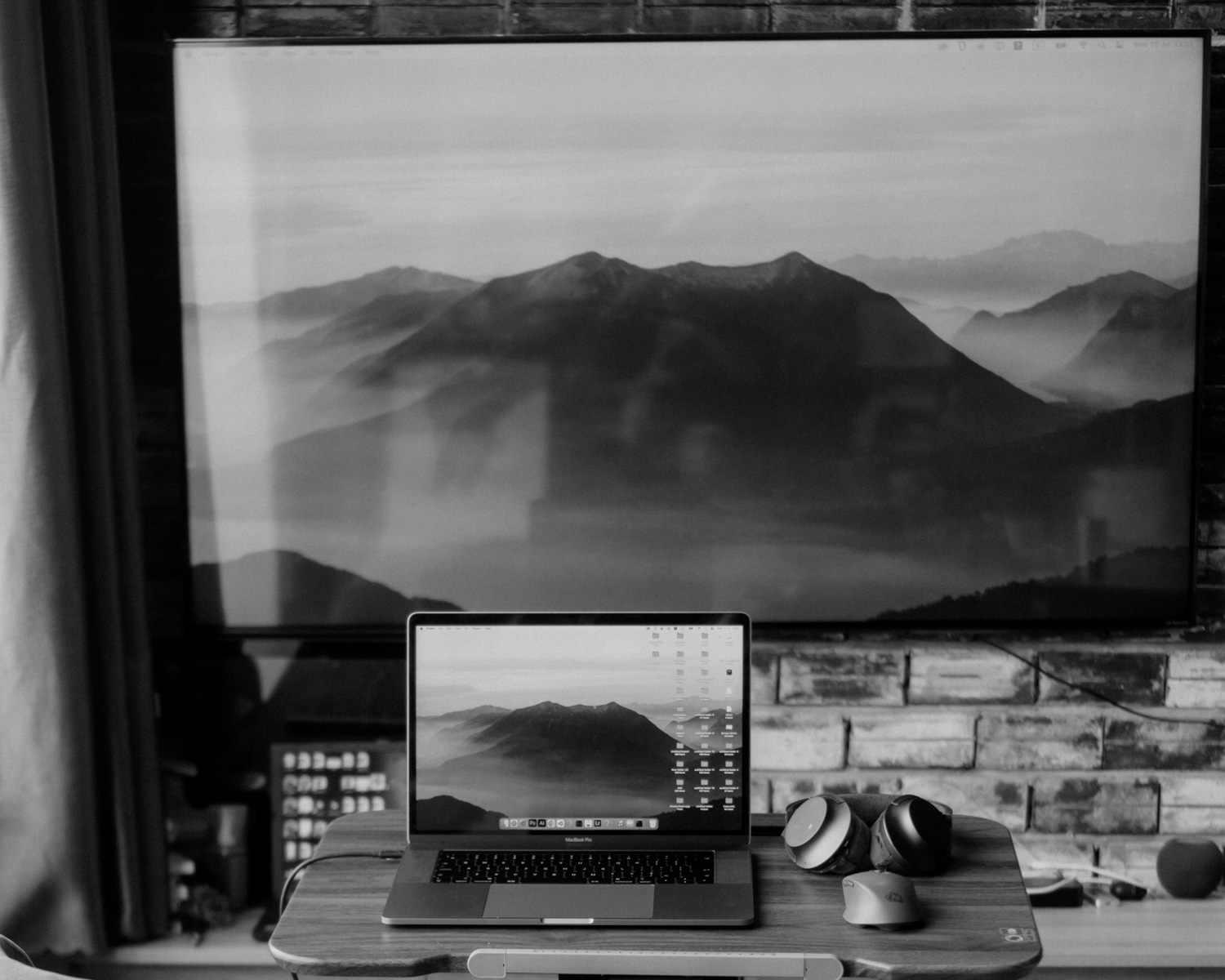 Cozy work-from-home setup with a mountain backdrop.