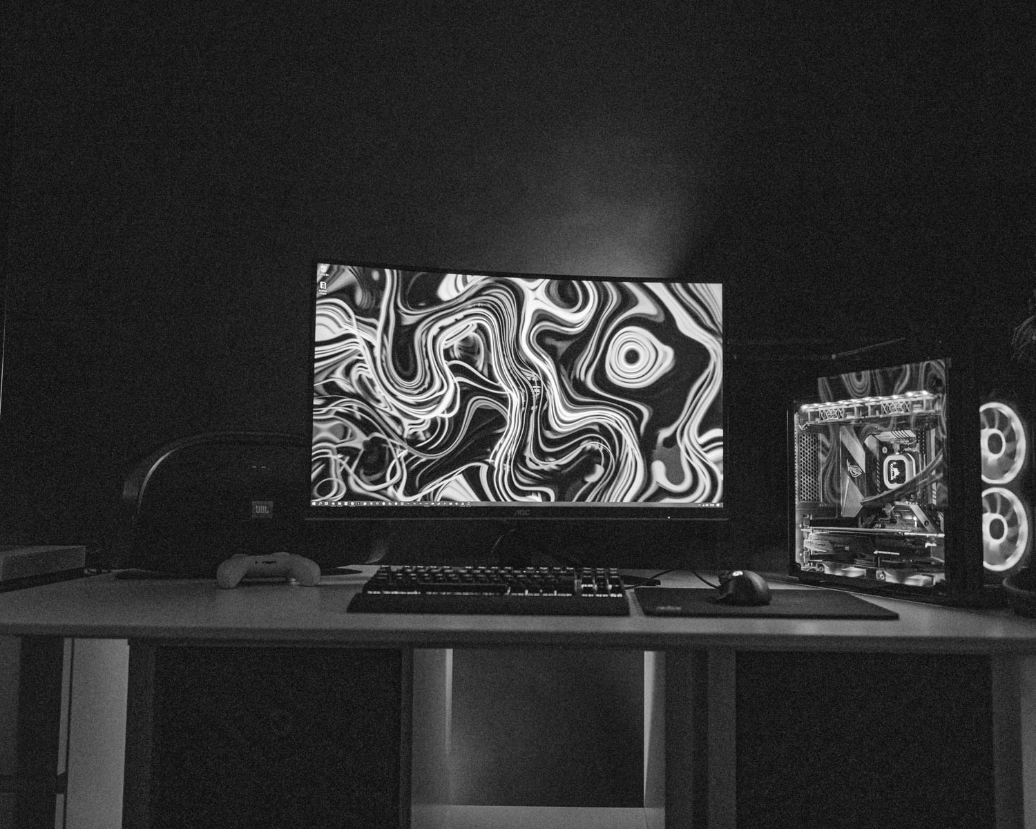 black flat screen computer monitor turned on displaying desktop