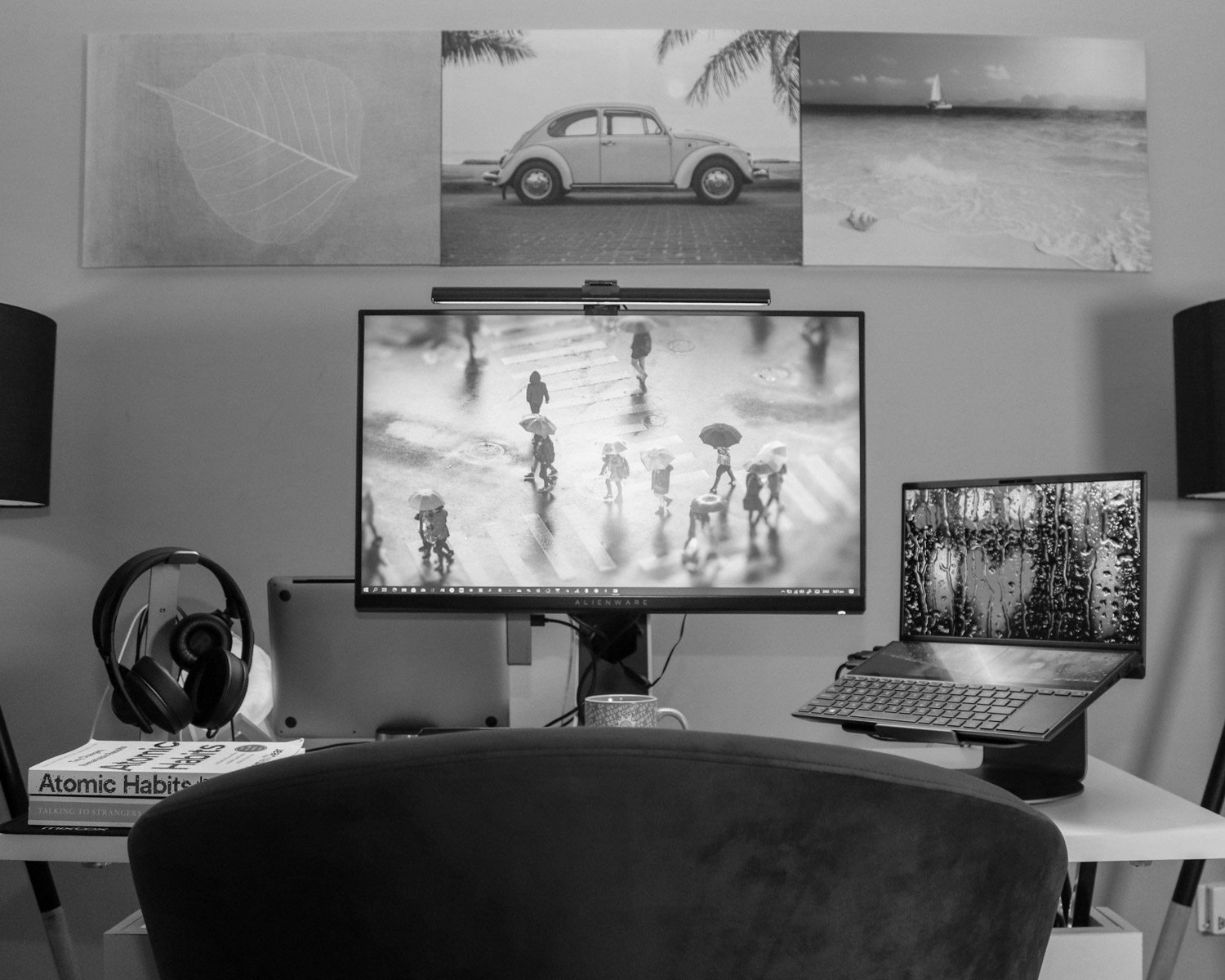 black flat screen computer monitor on white desk